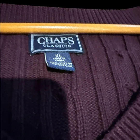 CHAPS dark, maroon or plum color, V-neck cable knit sweater - Picture 3 of 3